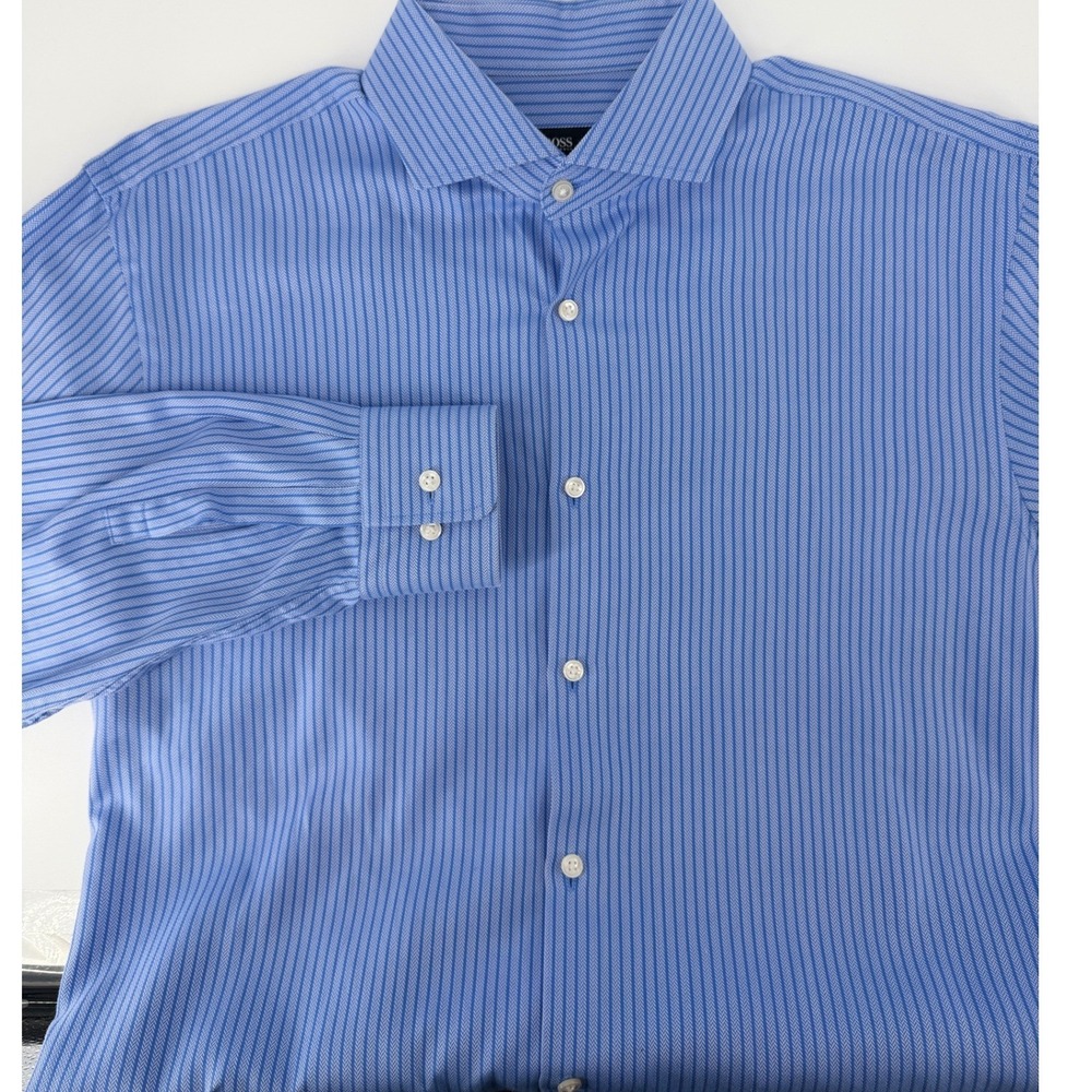Hugo Boss Sharp Fit Dress Shirt Mens 16 34/35 Blue Herringbone Stripe LS